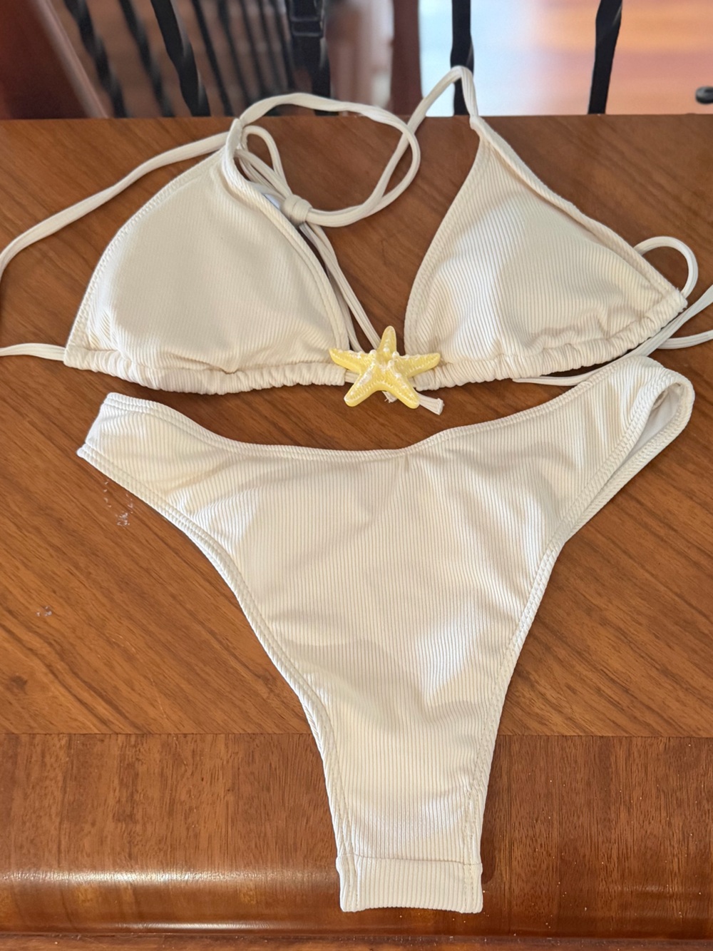 Off White Ribbed Triangle Bikini Set with Starfish Accent - Picture 3 of 4
